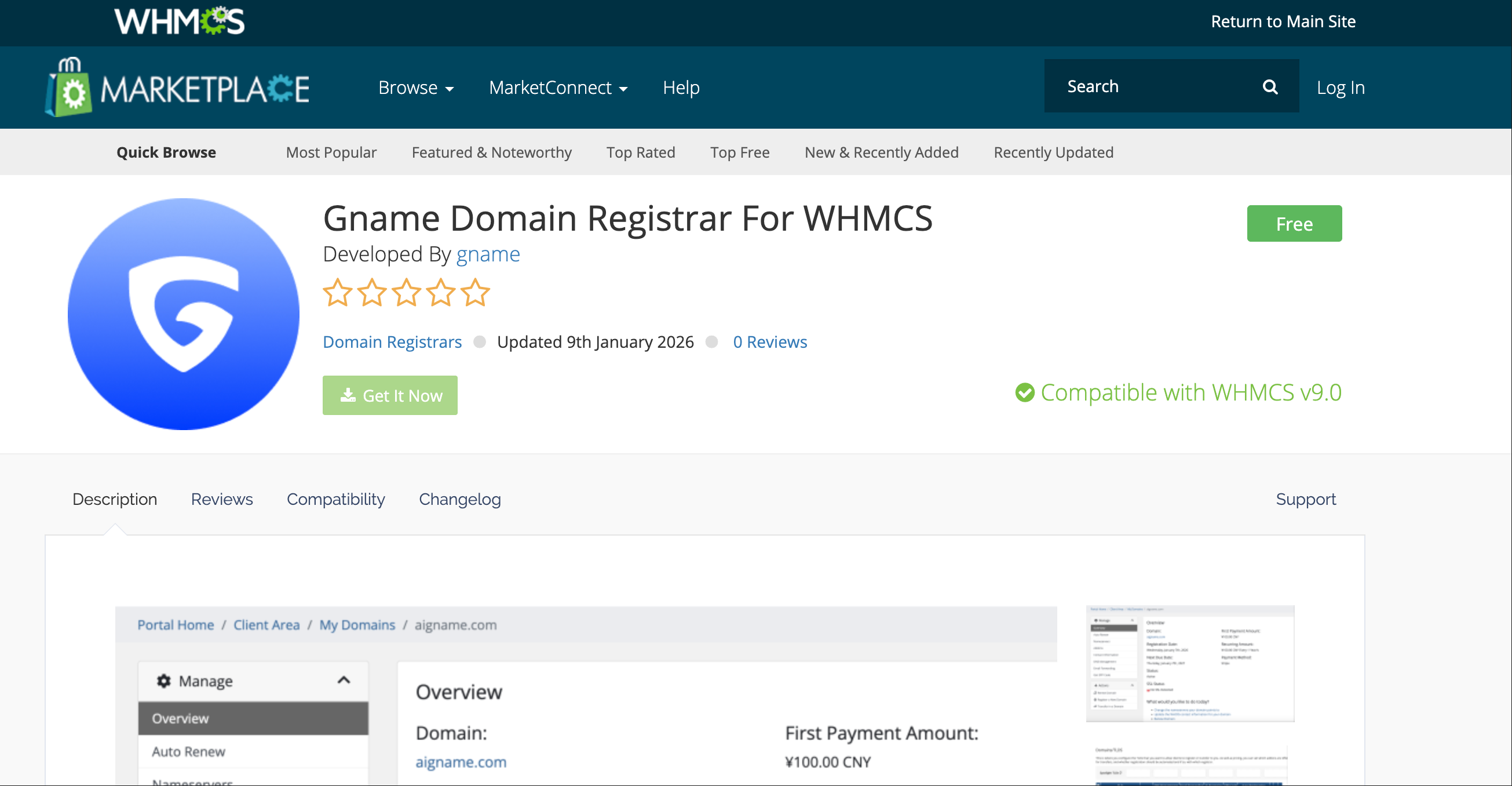 GNAME domain registrar module listing on WHMCS Marketplace