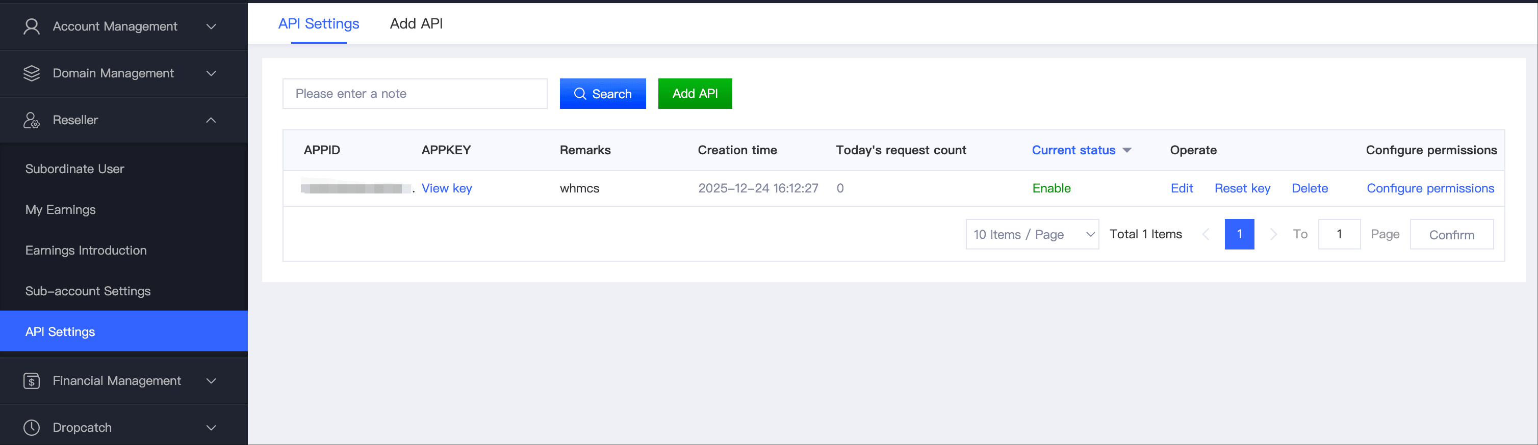 API Settings page in the GNAME control panel